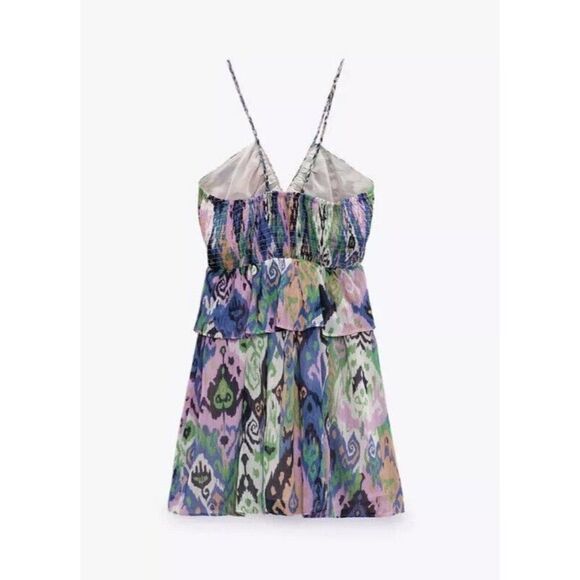 Zara Womens Mini Dress Ikat Printed XS Multicolor Ruffle 3464/270 NWT - Picture 3 of 9
